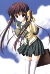  absurdres bag brown_eyes brown_hair copyright_request highres nanao_naru school_uniform sky thigh-highs thighhighs twintails white_legwear 