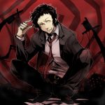  1boy adachi_tooru black_hair evil formal grin looking_at_viewer male messy_hair necktie persona persona_4 pointing pointing_at_self smile solo squatting suit yellow_eyes 