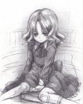  bandage bandages book caren_hortensia caren_ortensia child dress fate/hollow_ataraxia fate_(series) flog001 graphite_(medium) long_hair monochrome sitting solo traditional_media wariza wavy_hair young 