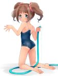  ass bare_shoulders barefoot blue_eyes brown_hair casual_one-piece_swimsuit feet from_behind hose idolmaster idolmaster_cinderella_girls kneeling looking_back melompan one-piece_swimsuit scrunchie simple_background solo swimsuit takatsuki_yayoi twintails wet 