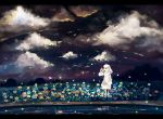  butterfly cloud firefly flower_field highres inuyasha kanna_(inuyasha) night night_sky saik scenery sky standing star_(sky) starry_sky water white_hair 