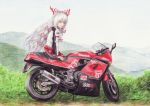  bangs bikesuit bow colored_pencil_(medium) fujiwara_no_mokou grass hair_bow kawasaki long_hair looking_back motor_vehicle motorcycle product_placement rpracing silver_hair solo touhou traditional_media vehicle 