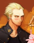  artist_request bad_id blonde_hair blush face grey_eyes jacket jacket_on_shoulders jewelry lowres male mulverry necklace persona persona_4 piercing scar solo stuffed_animal stuffed_toy sweatdrop tatsumi_kanji 