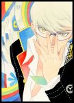  glasses grey_hair izanagi male narukami_yuu persona persona_4 school_uniform short_hair yellow_eyes 