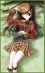  ;) absurdres beret book copyright_request footwear hat highres lying nanao_naru plaid plaid_skirt school_uniform shade skirt socks wink 