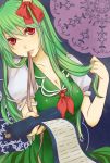  breasts cleavage ex-keine green_hair kamishirasawa_keine large_breasts light_smile lips long_hair mif mouth_hold red_eyes ribbon scroll solo touhou 