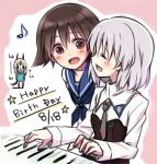  :d ^_^ animal_ears brown_hair cat_ears closed_eyes dated eila_ilmatar_juutilainen eyes_closed fingers_together happy_birthday instrument miyafuji_yoshika multiple_girls musical_note necktie o_o open_mouth piano playing_instrument purple_eyes sanya_v_litvyak silver_hair smile solid_circle_eyes strike_witches translation_request violet_eyes yukiiti 