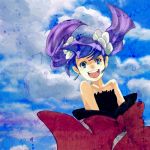  :d bad_id earrings floating_hair fractale jewelry nessa open_mouth purple_hair rimatazumi sky smile solo 