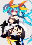  asymmetrical_wings bare_shoulders black_legwear blue_hair breasts center_opening dizzy guilty_gear long_hair navel r0c red_eyes ribbon solo tail tail_ribbon thigh-highs thighhighs twintails wings 