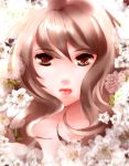  brown_eyes brown_hair copyright_request face flower kosaibu lips looking_at_viewer solo 