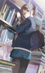  arm_up bag black_legwear blazer blue_eyes blush book bookshelf brown_hair cat glasses looking_back mibu_natsuki open_mouth original pantyhose school_bag school_uniform short_hair skirt solo 