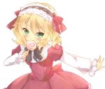  blonde_hair candy dress green_eyes idolmaster idolmaster_cinderella_girls komachi_naruta lolita_fashion lolita_hairband lolita_headband lollipop sakurai_momoka sakurai_momoka_(idolmaster) short_hair simple_background smile solo swirl_lollipop white_background 