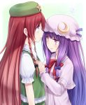  beret blue_eyes braid capelet commentary_request crescent dress hair_ribbon hand_on_another&#039;s_chest hand_on_another's_chest hat hong_meiling long_hair multiple_girls open_mouth patchouli_knowledge purple_eyes purple_hair red_hair redhead ribbon simple_background smile star suzushiro_yukari the_embodiment_of_scarlet_devil touhou twin_braids violet_eyes white_background 
