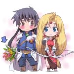  1girl :&lt; :3 armor belt black_hair blonde_hair blue_eyes blush boots bouquet bow_(weapon) brown_eyes cape directional_arrow earrings embarrassed flower gloves headband isedaichi_ken jewelry laia_(phantasy_star) long_hair low-tied_long_hair no_nose orakio phantasy_star phantasy_star_iii smile v_arms weapon 