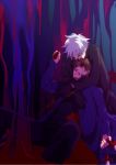  black_keys blood cassock dark_persona emiya_kiritsugu fate/stay_night fate_(series) gun kotomine_kirei long_coat male multiple_boys o-rui time_paradox weapon what_if white_hair 