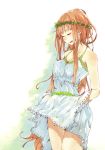  bare_shoulders breasts brown_hair closed_eyes dress dress_lift eyes_closed flower grass hrd large_breasts legs long_hair open_mouth original skirt skirt_basket skirt_lift sleeveless sleeveless_dress solo white_dress wreath 
