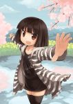  bangs black_legwear brown_eyes cherry_blossoms cloud dress fukube_tamaki kouno_hikaru looking_at_viewer open_mouth original outstretched_arms short_hair sky solo spread_arms striped sweater thigh-highs thighhighs zettai_ryouiki 