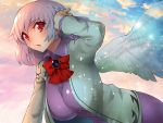  1girl angel_wings bangs beige_jacket bent_over blue_sky blush braid breasts brooch clouds cloudy_sky dress error eyebrows_visible_through_hair french_braid from_side hand_up hanging_breasts jewelry kishin_sagume large_breasts light_particles long_sleeves looking_at_viewer open_mouth pink_lips pink_sky purple_dress red_eyes reflective_eyes ribbon shiny shiny_clothes shiny_hair short_hair silver_hair single_wing sky solo sunlight sunset touhou umigarasu_(kitsune1963) upper_body wings 