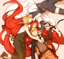  2boys age_difference bandages blonde_hair blush closed_eyes dress eyes_closed facial_mark family father_and_son forehead_protector husband_and_wife i_(kaiyou) konohagakure_symbol long_hair mother_and_son multiple_boys namikaze_minato naruto red_hair redhead sleeping spiked_hair spiky_hair uzumaki_kushina uzumaki_naruto very_long_hair 