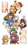  6+girls @_@ aki_minoriko aki_shizuha angry animal_ears bag black_hair blonde_hair blue_eyes blush bow camera chibi closed_eyes detached_sleeves dress everyone eyes_closed food frog frog_hair_ornament front_ponytail fruit geta gohei grapes green_eyes green_hair gurageida hair_bobbles hair_bow hair_ornament hair_ribbon hands_together hat hat_removed headwear_removed highres inubashiri_momiji kagiyama_hina kawashiro_nitori key kochiya_sanae leaf leaf_on_head long_hair moriya_suwako mountain_of_faith multiple_girls open_mouth orange_eyes panties photo_(object) pom_pom_(clothes) purple_hair red_eyes ribbon shameimaru_aya shimenawa short_hair silver_hair sitting skirt smile snake sweatdrop tail teeth tokin_hat touhou underwear wavy_mouth wide_sleeves wolf_ears wolf_tail wrench yasaka_kanako 