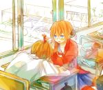  1girl bag block book brown_hair bun_cover chair gintama glasses hair_bun hiyoyogi jacket kagura_(gintama) object_on_head okita_sougo orange_hair school_desk school_uniform short_hair sitting sleeping 