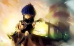  acoustic_guitar blue_hair cliff cloud dusk expressionless fence gorillaz guitar hair_over_eyes instrument kneehighs lighthouse long_sleeves noodle noodle_(gorillaz) playing_instrument railing shoes shorts sitting sky sleeves_pushed_up solo ukyo_rst windmill 