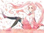  character_name detached_sleeves haru_miku hatsune_miku long_hair necktie petals pink_eyes pink_hair sitting skirt solo thigh-highs thighhighs twintails very_long_hair vocaloid 