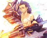  brown_eyes brown_hair character_request gauntlets grin holding lance looking_at_viewer makita_(twosidegekilove) male monster_hunter polearm shield shirtless smile solo topless twosidegekilove weapon 