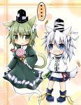  2girls animal_ears blush candy cat_ears cat_tail dog_ears dog_tail dress fang ghost ghost_tail green_dress green_eyes green_hair hands_in_sleeves hat highres japanese_clothes kemonomimi_mode lollipop mononobe_no_futo multiple_girls multiple_tails open_mouth ponytail quanhun short_hair silver_hair smile soga_no_tojiko symbol-shaped_pupils tail tate_eboshi touhou 