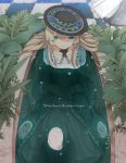  3: aqua_eyes bad_id blonde_hair blue_rose checkered checkered_floor dress english flower hands_clasped hat hat_flower hattori_(junoct2000) highres leaf long_hair original petals rose solo submerged water wet wet_clothes 