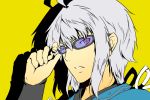  adjusting_glasses ahoge choker enomoto_akira face glasses grey_hair male morichika_rinnosuke parody parted_lips persona persona_4 short_hair silhouette simple_background solo touhou yellow_background yellow_eyes 
