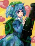  backpack bag baseball_cap blue_eyes blue_hair cap dress hair_bobbles hair_ornament hat heart huge_weapon kawashiro_nitori kko randoseru short_hair solo touhou weapon 