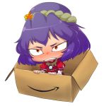  amazon_(company) angry blush box cardboard_box chibi embarrassed face in_box in_container purple_hair red_eyes solo space_jin spacezin touhou yasaka_kanako 