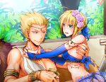  1girl ass blonde_hair blue_eyes blush bracelet bridal_gauntlets circlet close-up crown earrings excalibur fate/stay_night fate/zero fate_(series) flower gilgamesh gloves goblet hair_flower hair_ornament hair_ribbon hashibayachi jewelry necklace red_eyes ribbon saber shirtless smile 