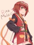  blush brown_hair character_name fingerless_gloves gloves goggles goggles_on_head green_eyes holding rita_mordio solo tales_of_(series) tales_of_vesperia yukiiti 