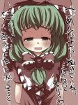  arms_behind_back bust front_ponytail gaoo_(frpjx283) green_eyes green_hair hair_ribbon highres kagiyama_hina long_hair open_mouth ribbon solo touhou translated translation_request 