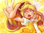  ;d blonde_hair bowtie brooch choker cure_peace earrings hair_ornament hairpin heart heart_background jewelry kise_yayoi long_hair magical_girl mio_atenako open_mouth precure puffy_sleeves smile smile_precure! solo v wink yellow yellow_background yellow_eyes 