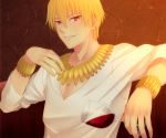  bad_id blonde_hair bracelet casual couch cup earrings enu_(oji143) fate/zero fate_(series) gilgamesh jewelry male necklace red_eyes slit_pupils solo v-neck wine wine_glass 