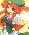  aqua_eyes bow braid clenched_hand clenched_hands fighting_stance foreshortening glowing hair_bow hat hong_meiling open_mouth orange_hair red_hair redhead smile solo touhou twin_braids wara_(warapro) 