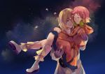  1girl aquarion_(series) aquarion_evol blonde_hair carrying closed_eyes coat dress eyes_closed gloves gradient_hair grey_eyes headphones jin_muso jin_musou mr._krab multicolored_hair orange_hair princess_carry purple_hair short_hair tears yunoha_thrul 