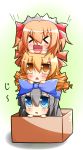  &gt;_&lt; :&lt; black_hair blonde_hair blue_eyes blush bow box brown_hair chestnut_mouth chibi chibi_on_head drill_hair ehimedaisuki fang hair_bow human_tower in_box in_container luna_child maid_headdress multiple_girls open_mouth stacking star_sapphire sunny_milk touhou twintails yellow_eyes 