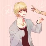 barnaby_brooks_jr blonde_hair glasses green_eyes jewelry male poco24 red-framed_glasses ring short_hair sleeves_past_wrists solo tiger_&amp;_bunny 