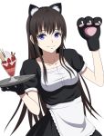  animal_ears black_hair blue_eyes collarbone fake_animal_ears food fruit gloves heisei_yutorin holding long_hair looking_at_viewer original parfait paw_gloves pocky simple_background smile solo strawberry tray waitress white_background 