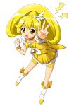  bike_shorts blonde_hair blush boots bowtie brooch cerasus choker clenched_hand cure_peace dress hair_ornament hairpin jewelry kise_yayoi long_hair magical_girl precure shorts_under_skirt skirt smile_precure! solo v white_background yellow_dress yellow_eyes 