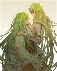  androgynous armlet blonde_hair bracelet breasts earrings enkidu_(fate/strange_fake) fate/strange_fake fate_(series) genderswap gilgamesh gilgamesh-ko green_eyes green_hair hug jewelry large_breasts long_hair multiple_girls red_eyes robe shaliva sideboob sleeves_past_wrists toga very_long_hair 