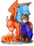  1boy brown_hair charizard fire flame horns kko ookido_green ookido_green_(classic) pokemon pokemon_(creature) pokemon_(game) pokemon_gsc pokemon_rgby pokemon_special scarf spiked_hair spiky_hair wings 