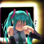  aqua_eyes aqua_hair bare_shoulders detached_sleeves hatsune_miku long_hair tears very_long_hair vocaloid wokada 