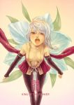  breasts brown_eyes copyright_request detached_sleeves face flower grey_hair jajako open_clothes open_mouth side_braid 