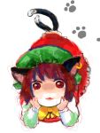  animal_ears brown_hair cat_ears cat_tail chen chin_rest dress earrings hat jewelry kko multiple_tails on_stomach paw_print red_eyes solo tail touhou young 