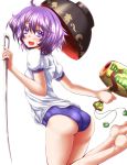  1girl ahoge alternate_costume ass bare_legs barefoot bowl buruma gym_uniform headwear_removed highres lavender_hair legs_folded looking_at_viewer mallet needle open_mouth reverse_grip short_hair short_sleeves simple_background solo sukuna_shinmyoumaru touhou violet_eyes white_background zan_(harukahime) 